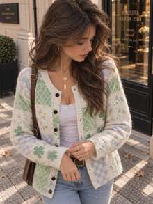 Women's Patchwork Pattern Single-Breasted Long Sleeve Knit Cardigan - Off White - View 4