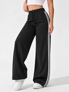 Women Black Wide Leg Pants With Drawstring Elastic Waist And Double Side Stripes Casual Full Length Trousers For Daily Wear - Black - View 2