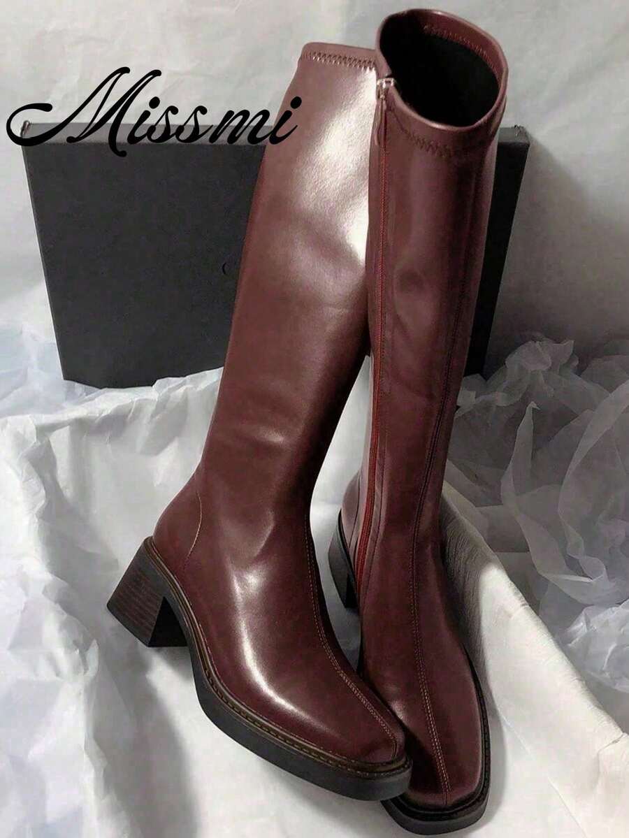 Botas altas elásticas de unicolor con tacón grueso y punta cuadrada, Otoño/Invierno 2025
