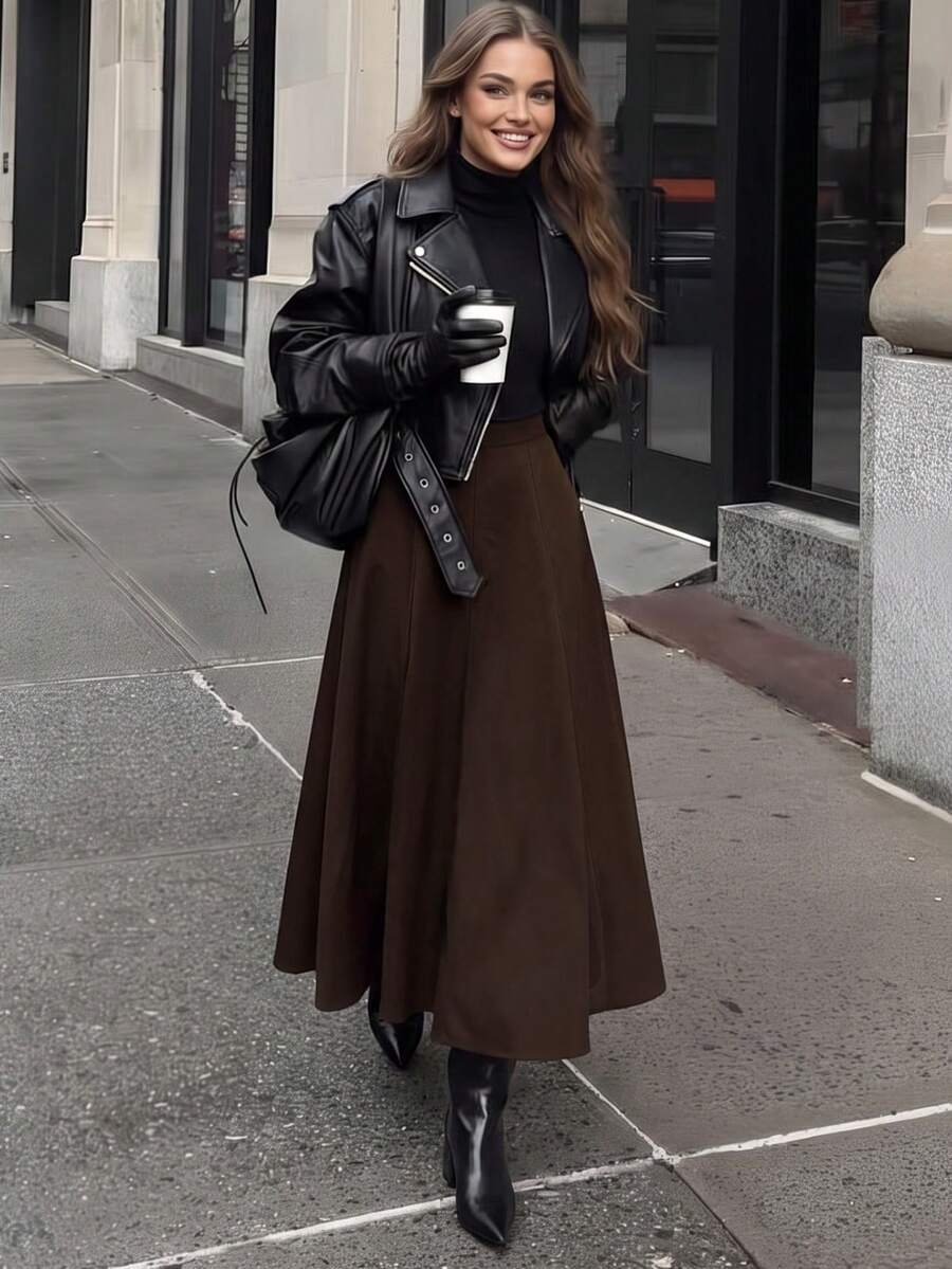 High Waist Stitched Detail Flared Midi Skirt, Elegant A-Line Trumpet Long Skirt, Autumn/Winter - Dark Brown - View 1