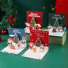 1pc/4pcs/8pcs Christmas Party 3D Pop-Up Greeting Cards, Santa Claus Snowman Christmas Tree Pop-Up Invitation Cards, Christmas Eve Handwritten Blessing Message Gift Cards - Multicolor - View 3