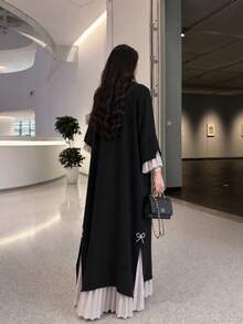 Hafizah Bata larga y suelta de unicolor para mujer con detalles de volantes blancos y decoración de lazo con perlas falsas, primavera negro otoño - Negro - Ver 5