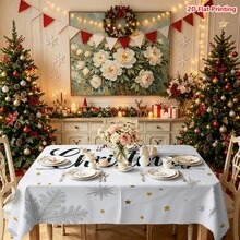 1件裝聖誕主題桌布，銀色雪花、金銀球飾、金色星星與手寫「Merry Christmas」文字，適用於廚房餐桌布置、餐廳裝飾、野餐露營桌面佈局、派對場景營造、農舍風裝飾、節日氛圍提升與日常桌面美化 - 彩色 - 查看 15