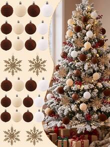 16pcs Flocked Christmas Ball Decorations Set, Christmas Flocked Balls, Warm Tone Flocked Christmas Decorations, Holiday Pre-Strung Hanging Decorations, Shatterproof Plastic Christmas Tree Ornament Set, Wedding Party Decorations - Khaki Off-white - View 9