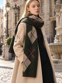 1pc Women's Diamond Checkered Fashion Preppy Style Versatile Wool Knit Scarf For Autumn/Winter Daily Wear - Army Green - View 5