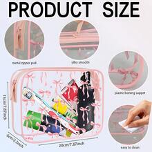 1pc Cute Pink Bow Print Transparent Makeup Bag, Waterproof PVC Clear Toiletry Pouch, Portable Adorable Cosmetic Organizer For Girl Daily Use - Transparent - View 2