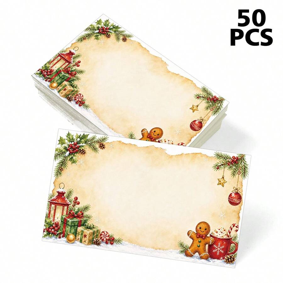 50pcs Christmas Blank Message Cards, Vintage Holiday Writable Small Cards With Gingerbread, Holly & Festive Designs, Christmas Gift Cards, Thank You Cards, Christmas Blank Note Cards