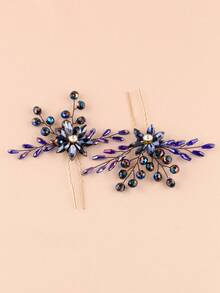 Navy Blue Rhinestone Handmade Exquisite Hair Comb & Hairpin Set, Bridal Updo Hair Comb, U-Shaped Hairpin, Evening Party Headpiece, Wedding, Festival, Ball Gown Styling Accessory - Ink Blue - View 5