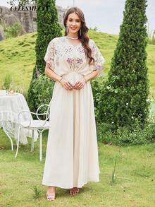 Women's Elegant Luxury One Size Computer Embroidered Sequin Beaded Ball Gown, Chiffon Batwing Sleeve, Pleated Hem - Champagne - View 11