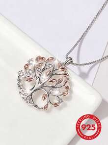 1pc Luxury Dual-Tone 925 Sterling Silver Cubic Zirconia Tree Of Life Pendant Necklace, Suitable For Women's Daily Commute And Holiday Gift - Silver - View 5