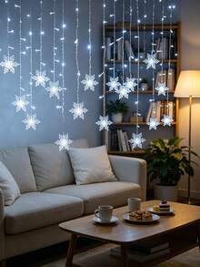 1PC Cool‑White LED Curtain Light, 4M 96‑LED Snowflake Curtain String Lights, USB Powered 8 Lighting Modes Fairy Light For Indoor Christmas Valentine Birthday Home Decor - Snowflake Curtain Lights - View 5