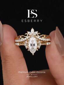 ESBERRY 2pcs High Gloss Cubic Zirconia Teardrop Decor Wedding Rings, Women's Valentine's Day Gift, Engagement Bride Jewelry - Horse Eye Pattern Ring Set - View 2
