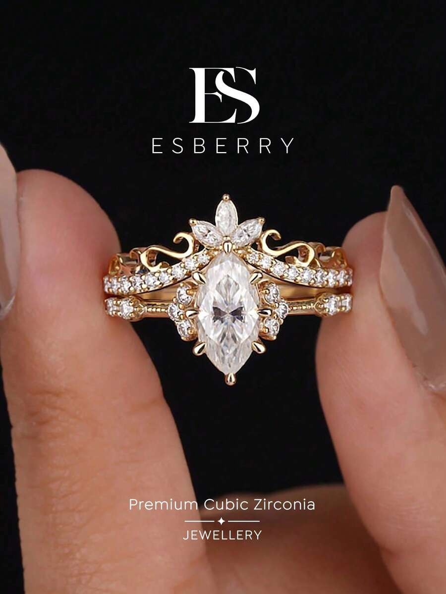 ESBERRY 2pcs High Gloss Cubic Zirconia Teardrop Decor Wedding Rings, Women's Valentine's Day Gift, Engagement Bride Jewelry