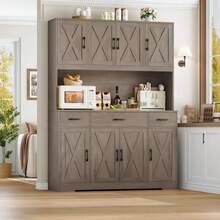 Armario de estilo rústico armario de madera resistente y ajustable de 71 pulgadas de altura, con estación de carga USB (para tener el cable de alimentación siempre a mano), amplia superficie superior, 3 cajones y estantes. Mueble de cocina (se envía en 2 paquetes). - Azul - Ver 9