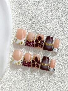 秋季 10 片裝復古風手工穿戴甲 Polygel 凝膠美甲套組，花卉、斑馬紋、紫色與白色，奢華風格，附美甲工具，3 種尺寸可選，杏仁甲、鴨嘴甲、棺材甲，適用派對、跳舞、日常穿著（手工細節可能有所不同） - 彩色 - 查看 16
