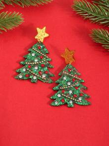 1 Pair Long Christmas Tree Earrings, Gold Five-Point Star Sequin Acrylic Earrings For Women, Christmas Party Holiday Jewelry - Multicolor - View 6