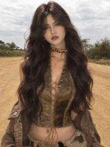 alicegarden 32-Inch Long Synthetic Wig Featuring A Natural Wavy Style In A A Stunning Black-Brown. Middle Part Design , This False Hairpiece Is Perfect For Ms Daily Party Cosplay Use, Offering A Natural And Natural Durable Wig Gift For Ladies. - Black Brown - View 1