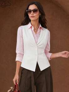 1pc Women's Solid Color Pocket Button Elegant Fashionable Sleeveless Vest Top Jacket White - White - View 2