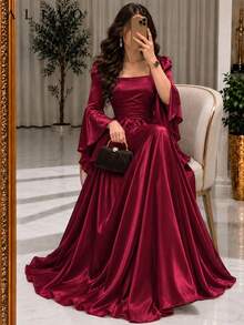 ALIAO Vestido Maxi de Satén Sólido con Cuello en U, Espalda Descubierta, Mangas Acampanadas y Corte A para Otoño e Invierno, Elegante para Boda, Vacaciones, Citas y Fiestas - Burdeos - Ver 2