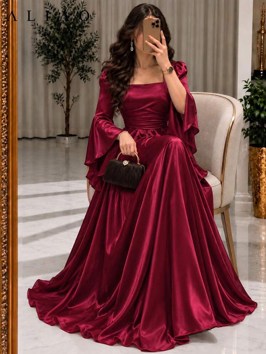 ALIAO Vestido Maxi de Satén Sólido con Cuello en U, Espalda Descubierta, Mangas Acampanadas y Corte A para Otoño e Invierno, Elegante para Boda, Vacaciones, Citas y Fiestas