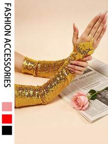 1 Pair Sequin Party Atmosphere Fashion Fingerless Gloves, Suitable For Evening Banquet, Nightclub, Party Wear For Women - Gold - View 5