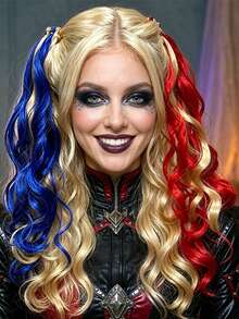 Red Blue Blonde Mixed Curly Pigtail Wig For Women, Long Wavy Synthetic Cosplay Wig For Costume Party - Blue Red - View 1