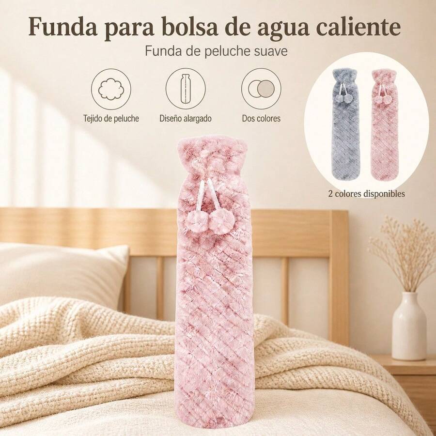Long Hot Water Bottle 2 Liters With Soft Faux Fur Cover And Pompoms, Elongated Thermal Bottle For Muscle Relief And Body Warmth, 2L - Predetermined - View 1