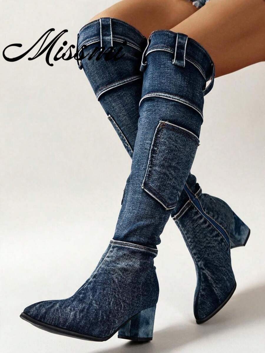 Fall/Winter Women's Fashionable Blue Thick Heel Over-The-Knee Mid-Calf Western Boots, Ideal With Sweater