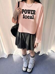 Niche Design Polka Dot & Letter & Star Print Light Pink Short Long Sleeve T-Shirt, High Waist Slimming Autumn Base Layer - Pink - View 5