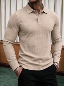 Men's Spring/Autumn Daily Commute Fashion Casual Solid Color Minimalist Long Sleeve Polo - Khaki - View 1