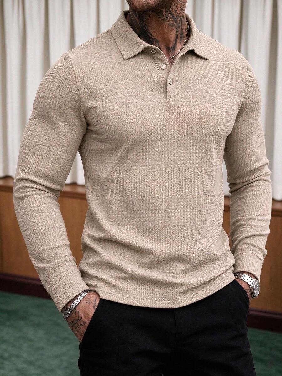 Men's Spring/Autumn Daily Commute Fashion Casual Solid Color Minimalist Long Sleeve Polo - Khaki - View 1