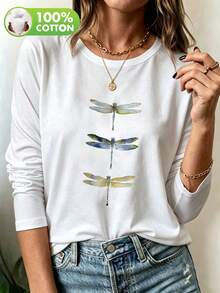 T-shirt décontracté à manches longues et col rond pour femmes, imprimé animal de libellule colorée, vêtements d'automne pour femmes - Blanc - Voir 9