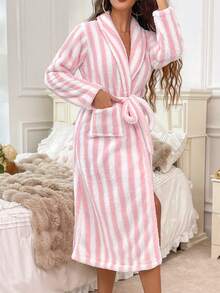 Women's Autumn/Winter Long Sleeve Belted Loungewear, Warm Fluffy Loose Comfortable Soft Pink Striped Print Fleece Robe - Pink - View 4