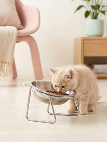 PETSIN Stainless Steel Elevated Cat Bowl Set, Metal Stand, Non-Slip Base, 15° Tilt Anti-Reflux Bowl For Kittens, Puppies & Dogs - 420ml - View 2
