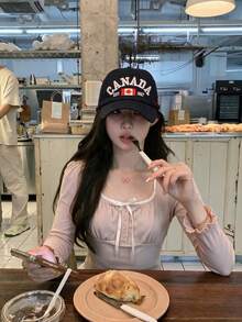 Lace Patchwork Contrast Color Bow Long Sleeve T-Shirt, Versatile Sweet Slimming Women's Top - Pink - View 2