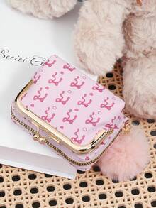 Fashionable Ladies' Pink Bow Print Can Be Split For Wallet Use, With A Pom-Pom Charm, Zipper Compartment, Suitable For Commuting And Shopping - Hot Pink - View 6