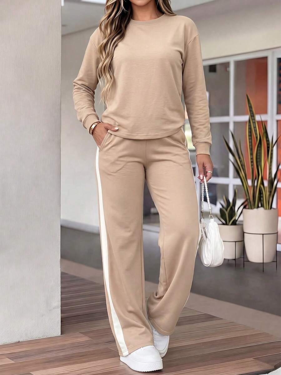 LUNNELUX Women's Autumn 2 Pieces Set, Crew Neck Drop Shoulder Sweatshirt + Side Stripe Wide Leg Pants Loungewear, Halloween Airport Travel Outfit - Apricot - View 1