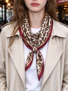 1pc Women's Leopard Print Silk Scarf, Wild Animal Pattern Polyester Square Scarf; Multi-Functional Hair Accessory, Neck Scarf And Headscarf, Suitable For Summer - Leopard Print - View 5