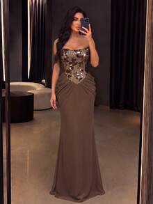 Elegant Strapless Sleeveless Long Pencil Dress Evening Gown For Women, With Contrast Sequin Patchwork, Suitable For Evening Parties, Weddings, Photoshoots, Red Carpet Events - Coffee Brown - View 4