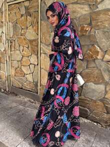 Hafizah Printed Cardigan Headscarf Outerwear Long Robe Chain Print Fashion Women's Long Robe Black Vacation Fall - Black - View 3