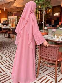 Hafizah Elegant Pink Long Kaftan Dress, Unique Fan-Shaped Sleeves, Wrist Length, Woven Fabric With Slight Stretch Spring Fall - Pink - View 4