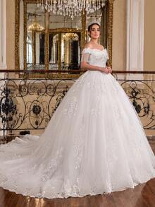 Gaun Pengantin Ball Gown Elegan Warna Gading dengan Bahu Terbuka dan Hiasan Manik-Manik Buatan Tangan, Gaun Pengantin dengan Trim Renda, Sempurna untuk Pesta Pernikahan (Rok Dalam Tidak Termasuk) - Krem - View 2