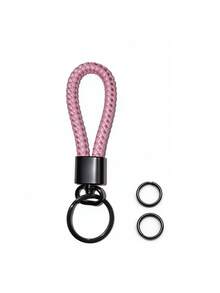 Sakura Pink Braided Leather Keychain, Gun Black Matte Hardware With Rotatable Design, Paired With Dual Spare Key Rings, Durable Anti-Loss High-Quality Texture, Minimalist Versatile, Suitable For Car Keys, Bags, Commuting And Daily Use - Pink Braided Buckle - View 9