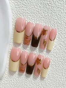 秋季 10 件裝溫柔風手工穿戴甲，Polygel 凝膠美甲套組，楓葉、奶油色與棕色美甲，暖色調，附美甲工具，3 種尺寸可選，杏仁甲、鴨嘴甲、棺材甲，適合派對、跳舞、日常配戴（手工細節可能有所不同） - 彩色 - 查看 16