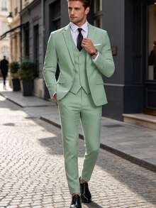 Men's Gentleman Minimalist Slim Fit Single-Breasted Business 3 PiecesSuit Set, Including Blazer, Vest And Trousers, Wedding Party Ball Old Money Style - Olive Green - View 12