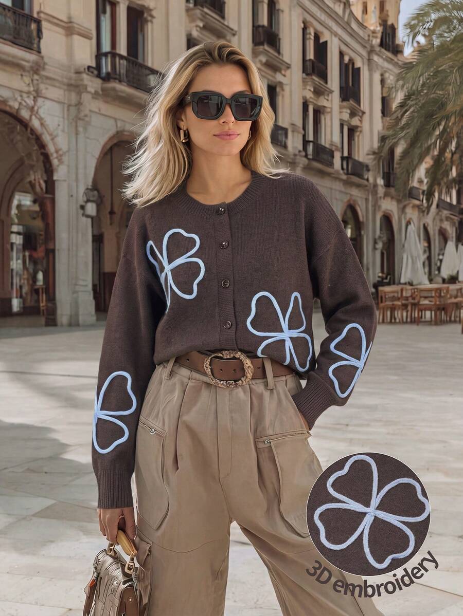 NiceArt Women's Autumn/Winter 3D Butterfly Wool Blend Cardigan, Long Sleeve Round Neck Button, Suitable For Halloween, Christmas, Back To School Dance, Party, Daily Wear - Brown - View 1