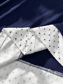 Plus Size Casual Women's Polka Dot Print Lace Patchwork Bow Decor Long Sleeve Top Fall, Contrast T-Shirt - Navy Blue - View 7