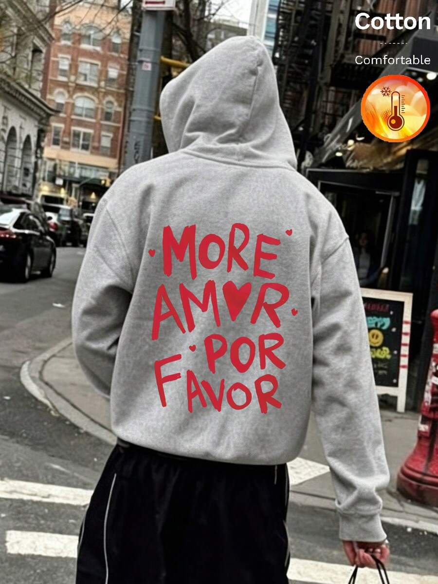 Men's Fleece Hoodie, Back Printed With Uppercase Letters "MORE AMOR POR FAVOR" And Heart Pattern, Y2K Style, Autumn/Winter - Floral Gray - View 1