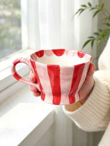 1pc Hand Painted Striped Ceramic Mug, Wavy Rim Large Capacity Coffee Cup, Cute Colorful Breakfast Mug For Milk Oatmeal, Home Kitchen Drinkware - Multicolor - View 15