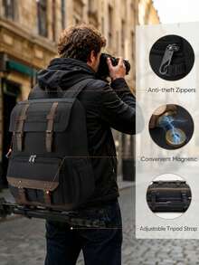 NEWHEY Ransel Kamera Pria, Tas Kamera Laptop 15,6 Inci Tahan Air, Ransel Fotografi DSLR Kapasitas Besar dengan Dudukan Tripod dan Sekat yang Dapat Dilepas - Hitam - View 6